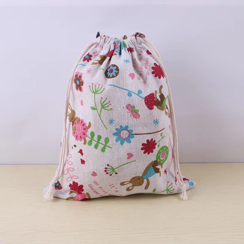 Close-up of printed cotton linen fabric and drawstring opening on a small pouch