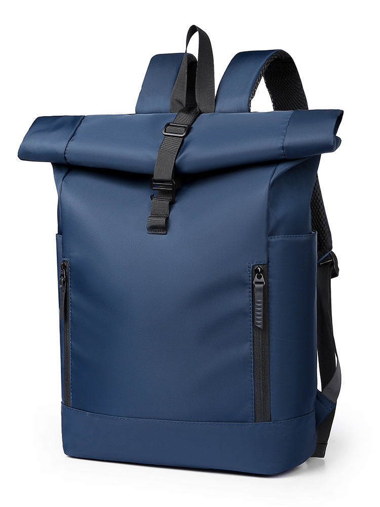 Roll-top backpack showing dual vertical front zip pockets and adjustable straps