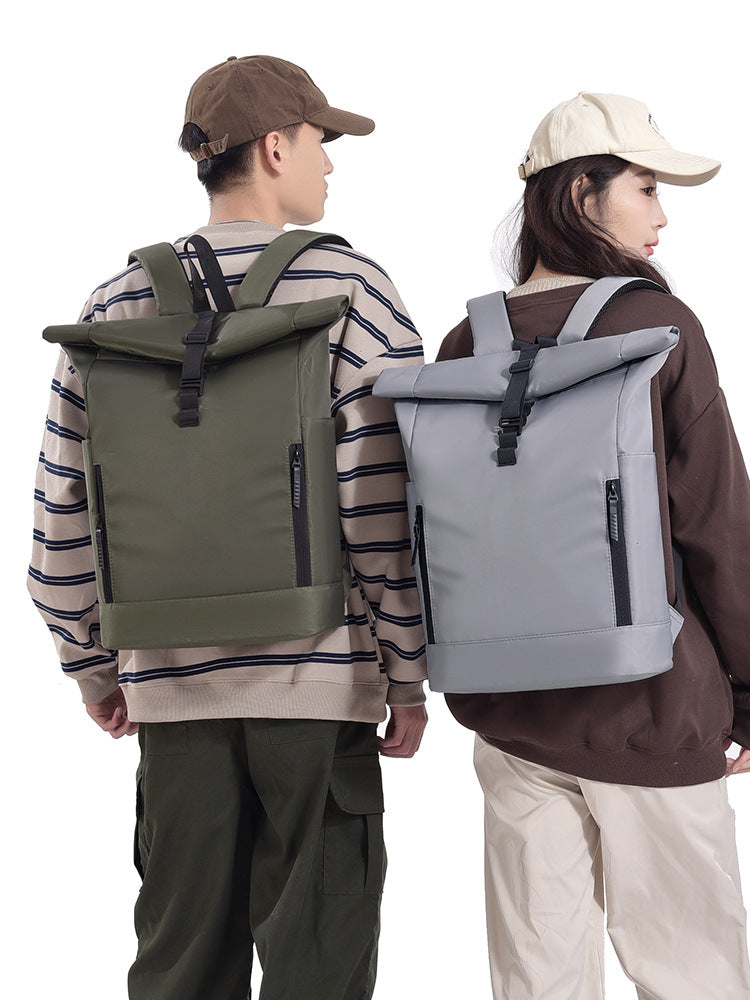 Custom branded roll-top backpack with logo area on front panel for OEM orders