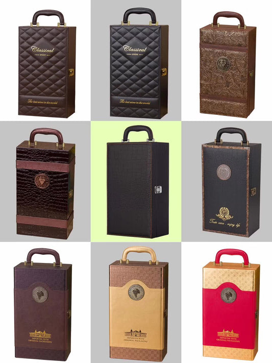 Textured leather wine box with metal clasp and wood frame