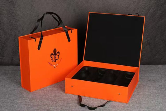 Orange paper wine gift box with flip lid and clean paper body
