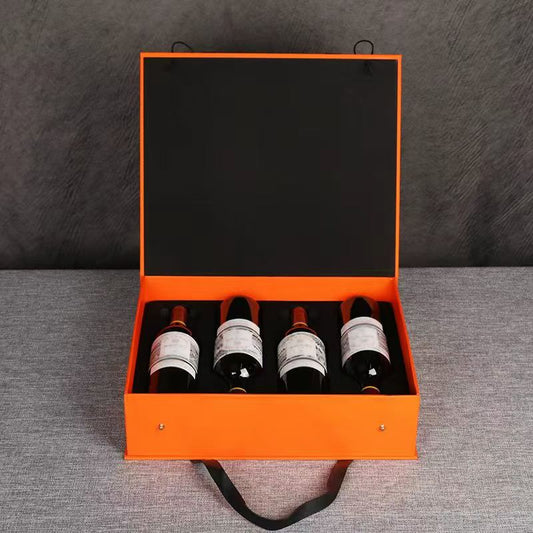 Orange four bottle wine gift box with divided paper interior