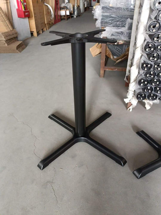 Black metal single-column table base with square-tube X-legs and 4-hole mounting plate