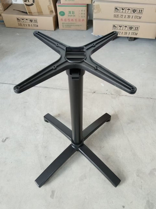 Folding table base with flip top mounting plate and folding legs