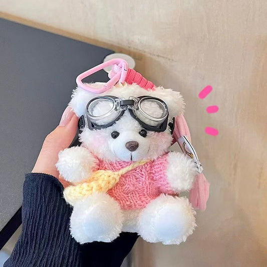 Plush teddy bear keychain with aviator goggles and knit sweater front view
