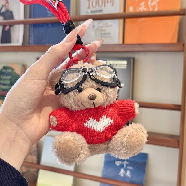 Custom Logo Plush Bear Keychain with Aviator Goggles