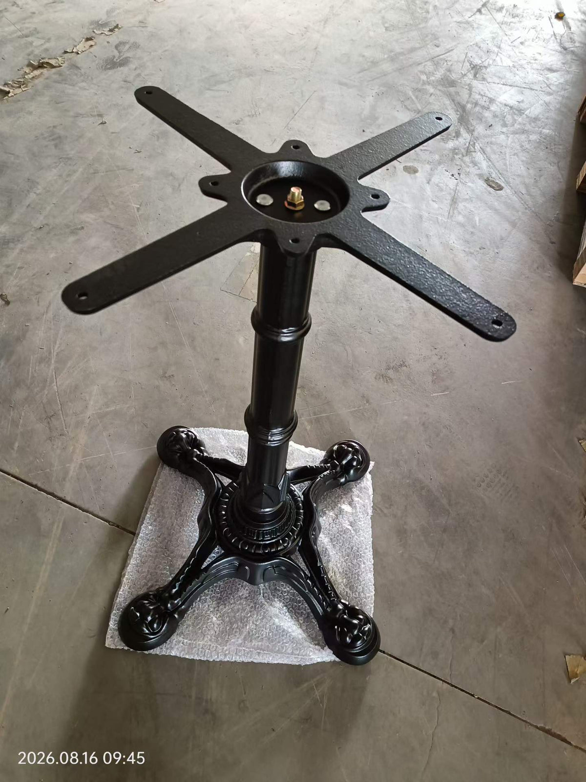 Cast iron retro table base with ornate cast legs and cross mounting plate