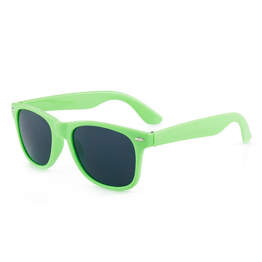 Front view of retro plastic sunglasses showing metal hinges and glossy frame