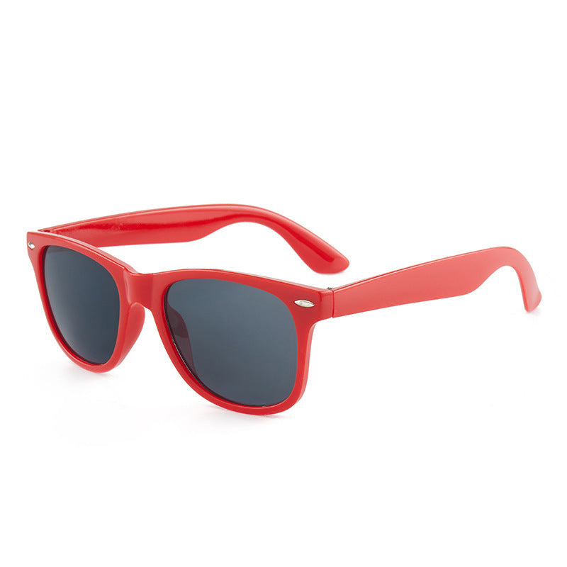 Multiple color options of classic plastic sunglasses arranged in a row
