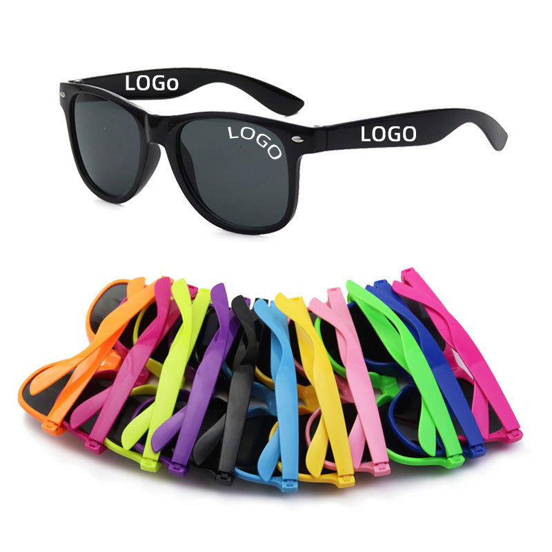 Custom logo classic plastic sunglasses displayed for cafe and bar branding