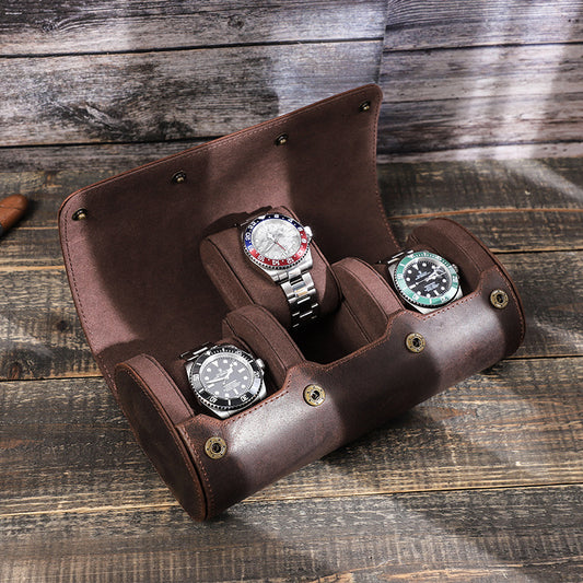 Vintage crazy horse leather 3-watch roll case in dark brown, front view with snap closure