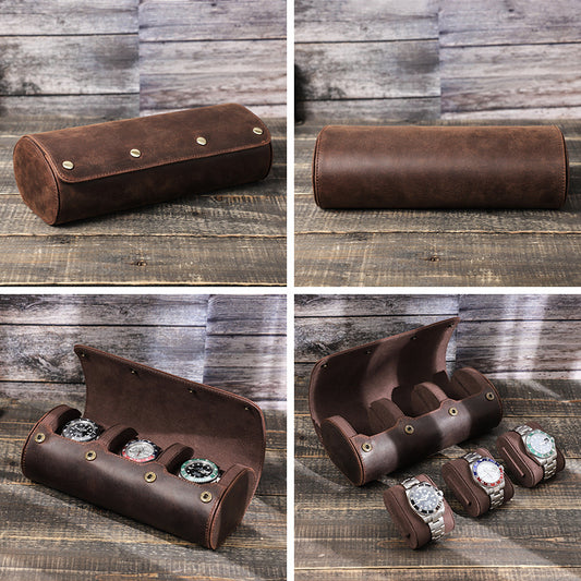 Crazy horse leather watch roll opened flat showing three sliding watch pillows