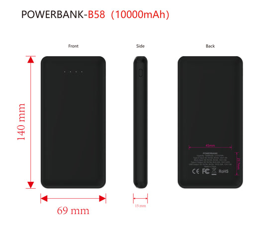 Black plastic 10000mAh power bank with four LED indicators and side button
