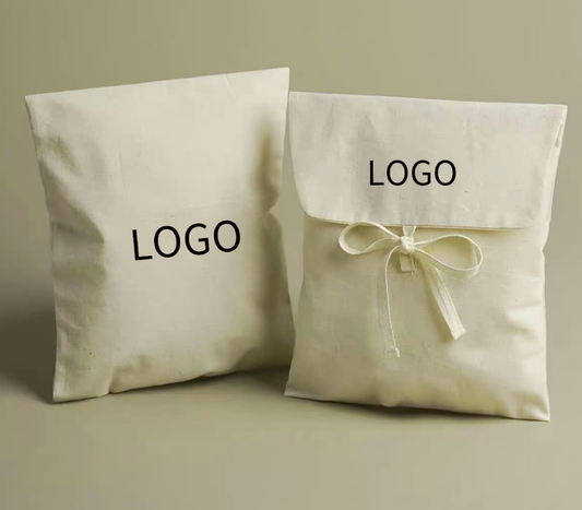 Custom canvas pouch with printed logo on the flap, styled for cafe packaging