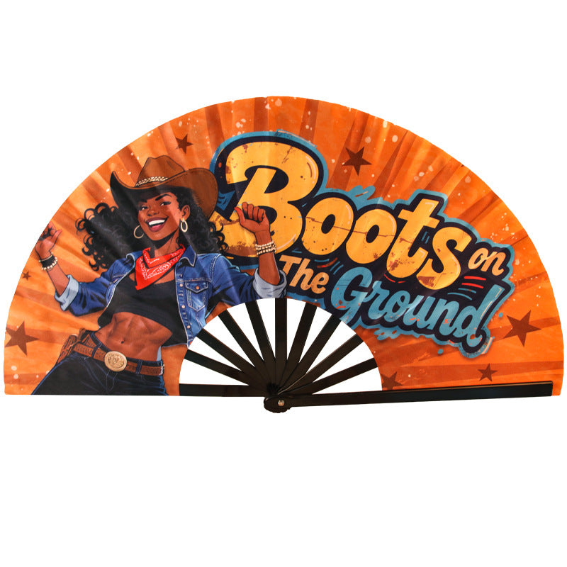 Folded cloth folding fan with black ribs and plain fabric leaf