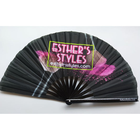 Open cloth folding fan showing printed design on the fabric leaf