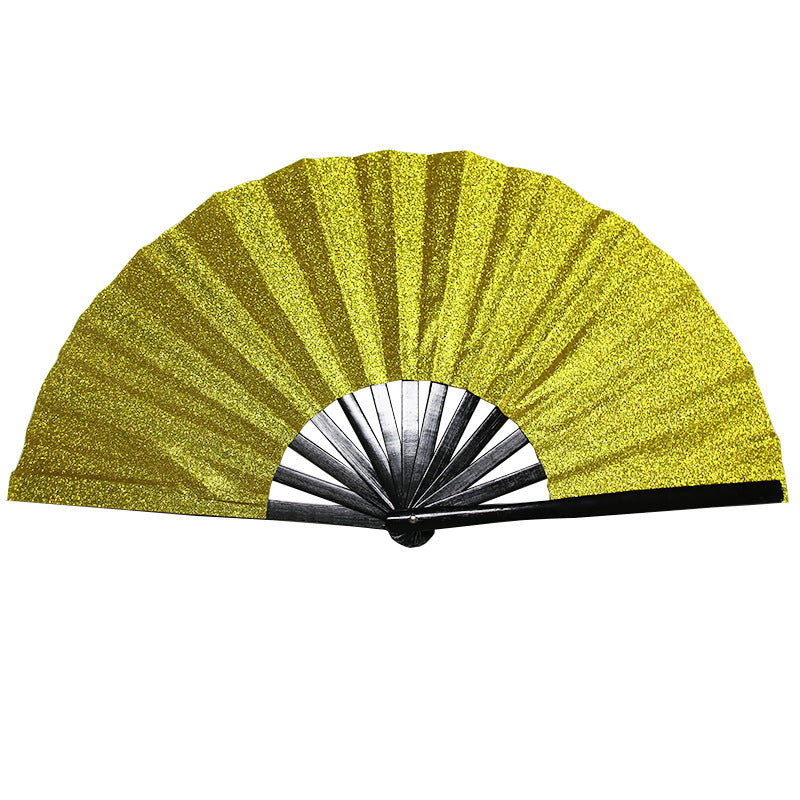 Gold sequin folding fan with black outer ribs, open and ready for display