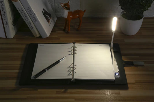 Open multifunctional notebook displaying storage pages and card slots
