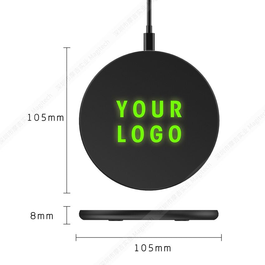 Black 105mm round wireless charger on a table with LED logo glowing