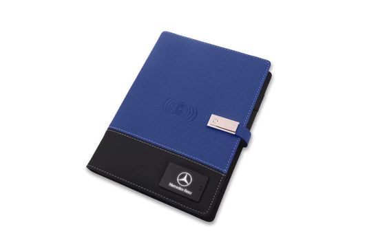 Fabric and leather splice cover wireless charging notebook in dark brown with metal buckle