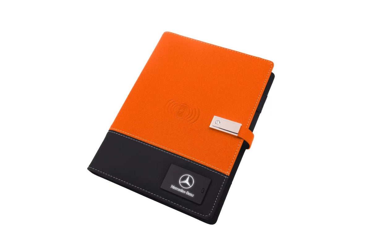 Close-up of metal buckle closure on custom leather notebook for cafe branding