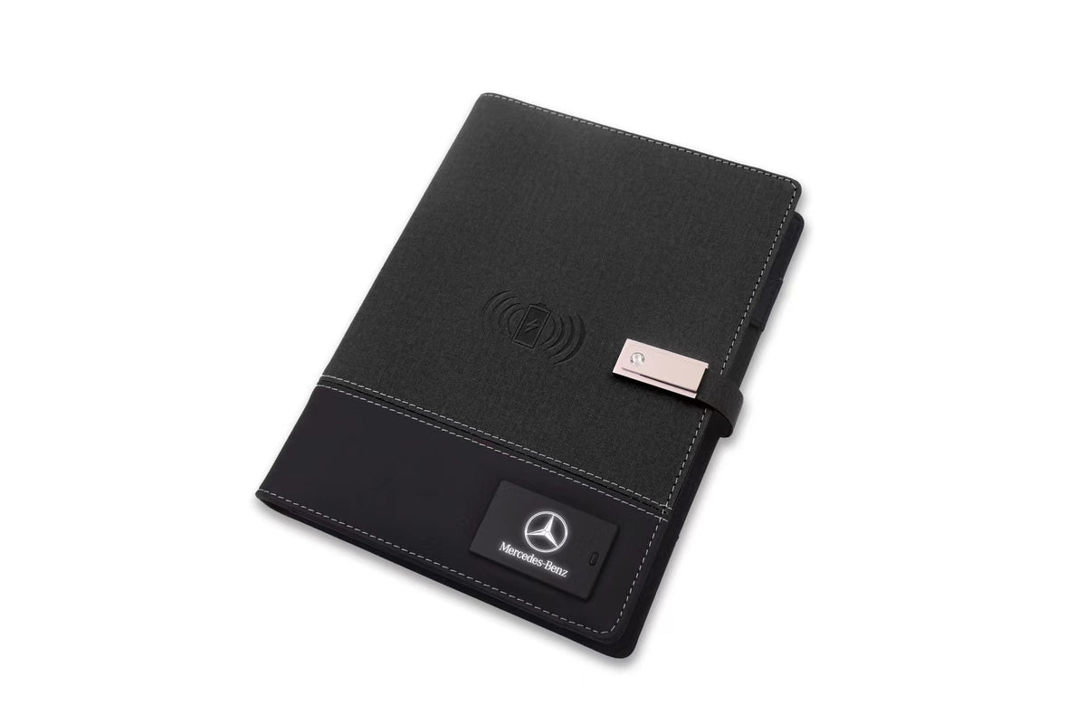 Custom logo notebook with leather cover and charging indicator light visible