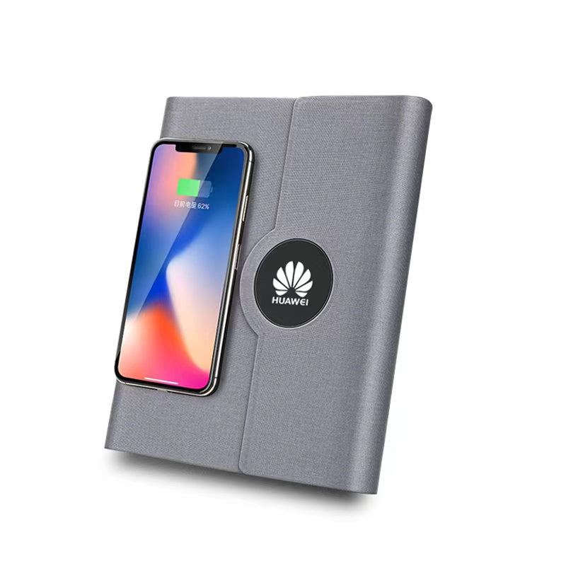 Navy blue fabric leather notebook with wireless charging zone and buckle