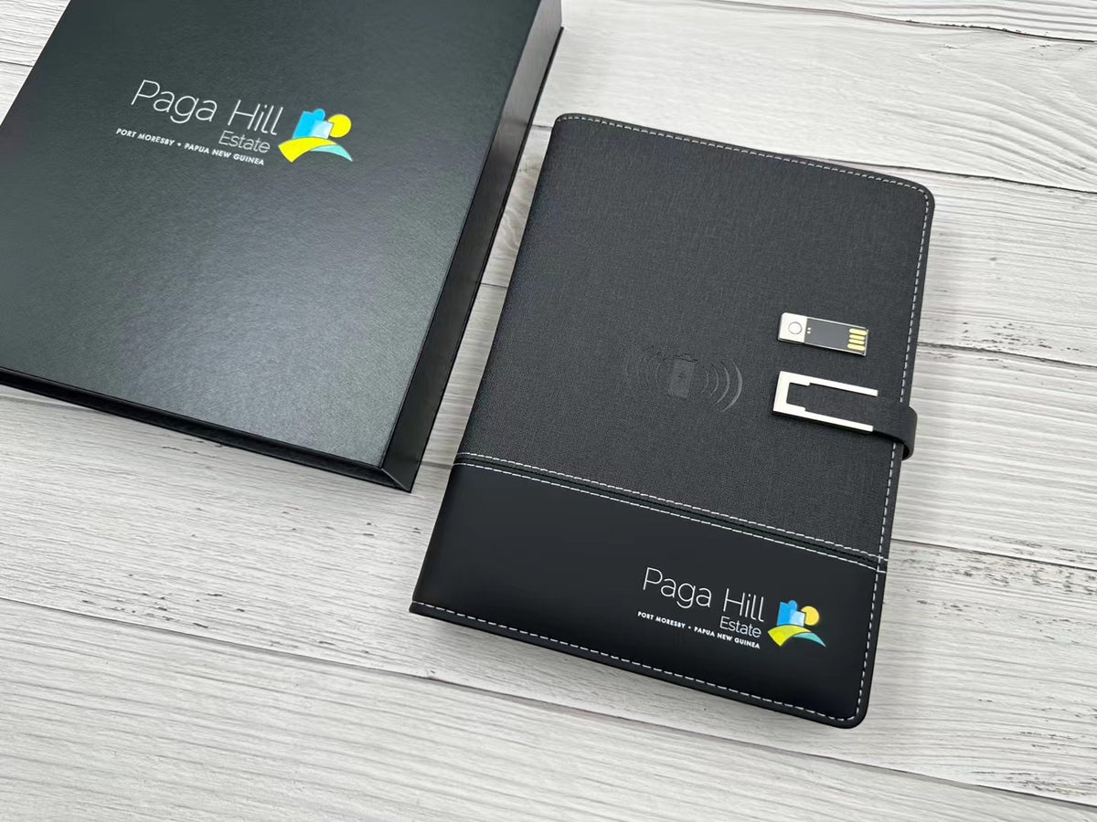 Custom wireless charging notebook with leather trim and metal buckle for cafes