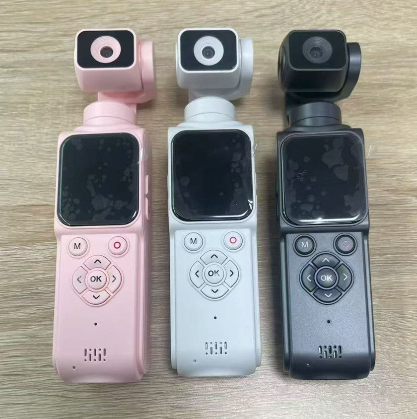 Handheld gimbal camera standard in black shown front view with rotating gimbal and touchscreen