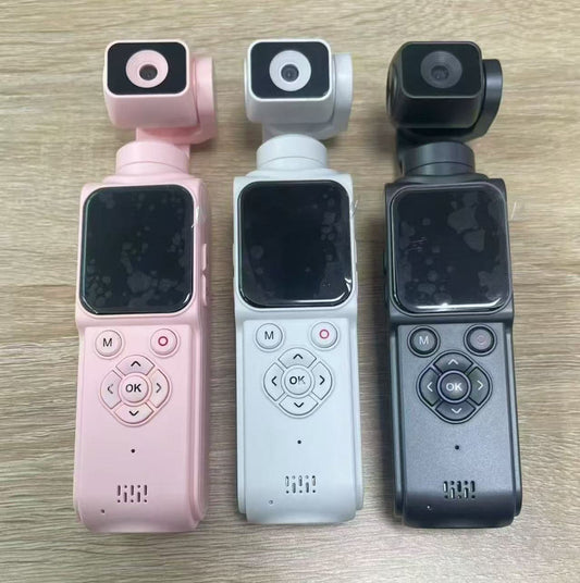 Handheld gimbal camera standard in black shown front view with rotating gimbal and touchscreen