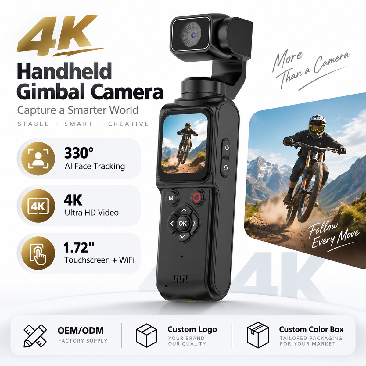 Handheld gimbal camera standard pink unit angled to show touchscreen interface