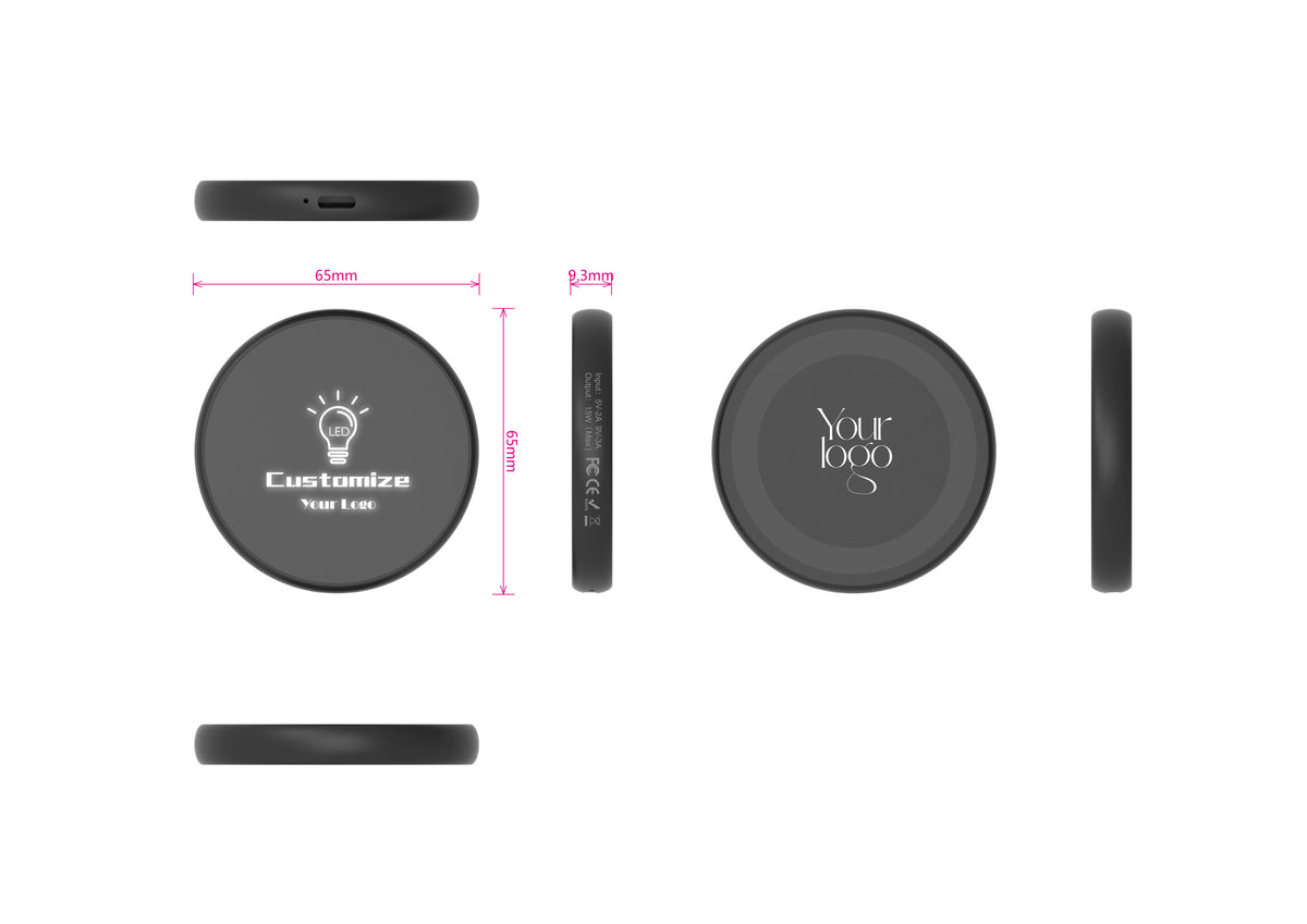 Close-up of the LED glowing logo on the black round wireless charging pad