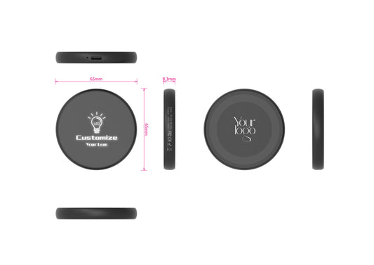 Close-up of the LED glowing logo on the black round wireless charging pad