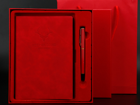 Brown PU leather deer-head notebook shown open with lined pages inside