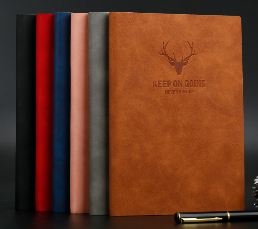 Dark green PU leather notebook with deer-head embossing and ribbon marker