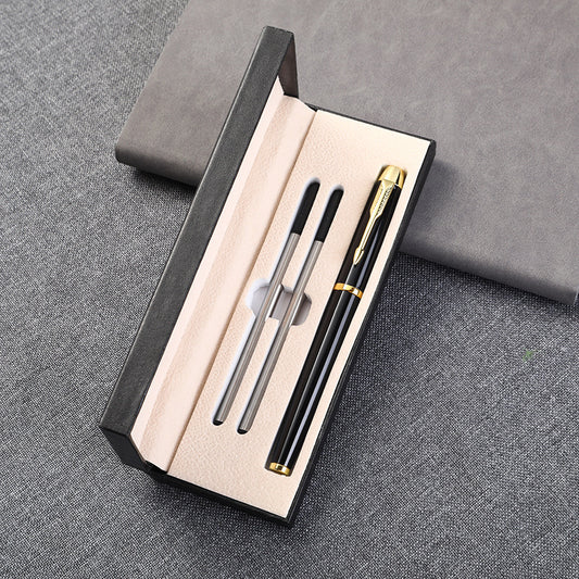 Black leather flip-top pen gift box closed with beige double pen slots visible