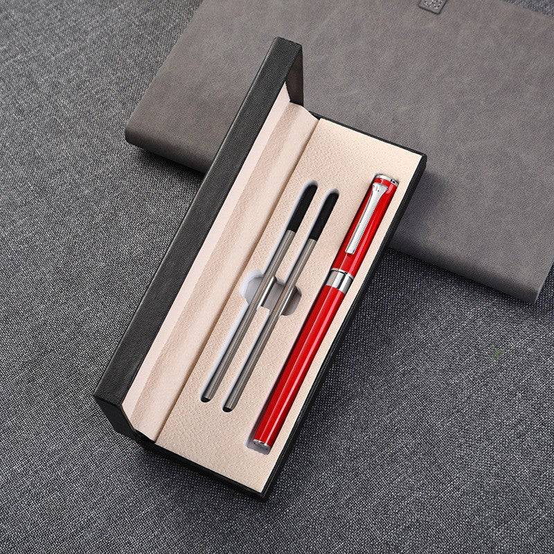 Close-up of black leather texture and flip-top lid on pen gift box