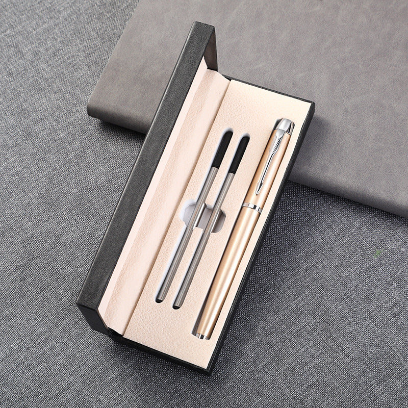 Black leather pen gift box with silver pen and multiple color pen options