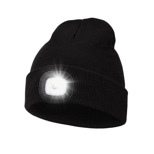 Black LED knit beanie with front light switched on, shown on a plain background