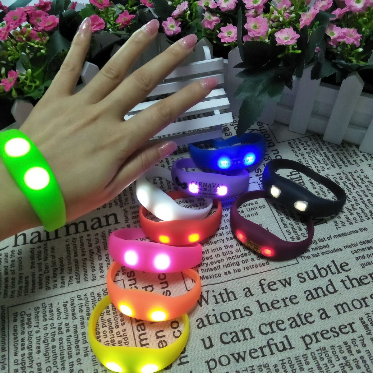 Custom logo printed LED silicone wristband in purple for bar and cafe promotions