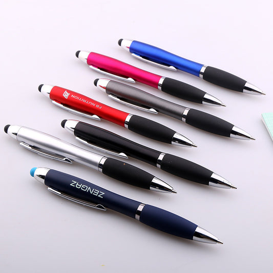 Silver metal touchscreen ballpoint pen with black rubber grip on white background