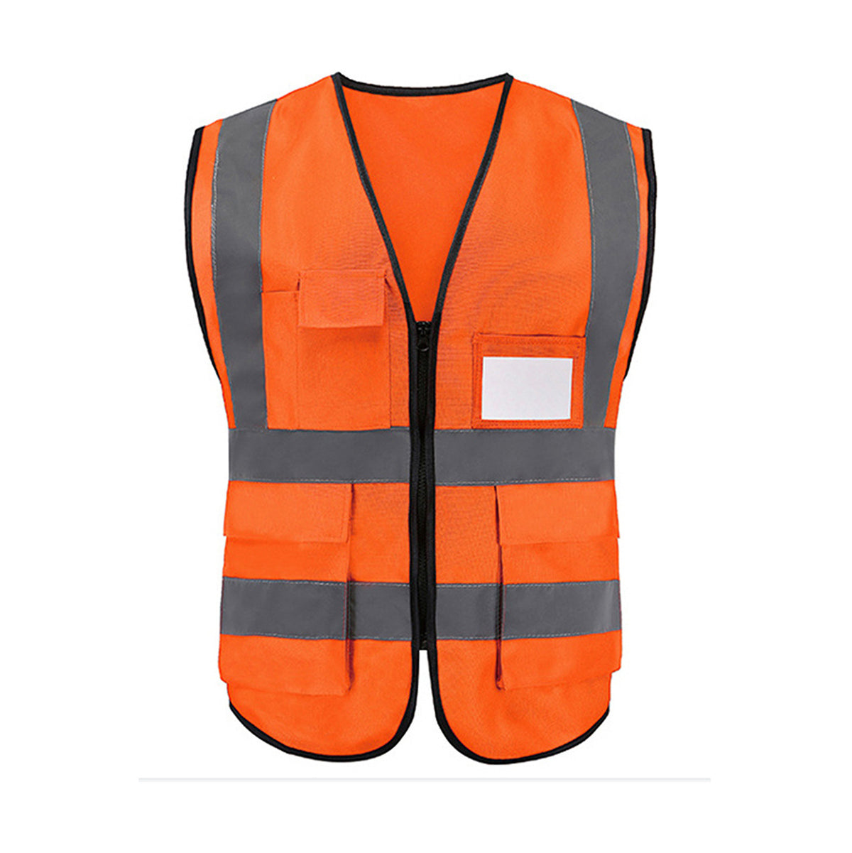 Multi-pocket reflective safety vest in high-visibility yellow-green mesh with black trim and front zipper