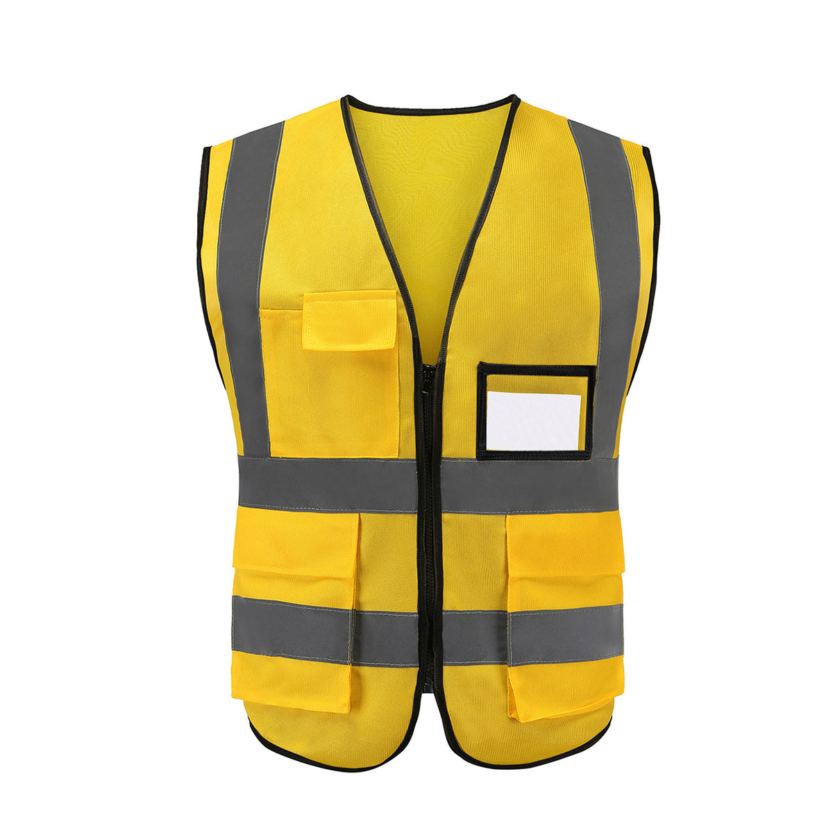 Close-up of vertical and horizontal reflective strips on the mesh safety vest