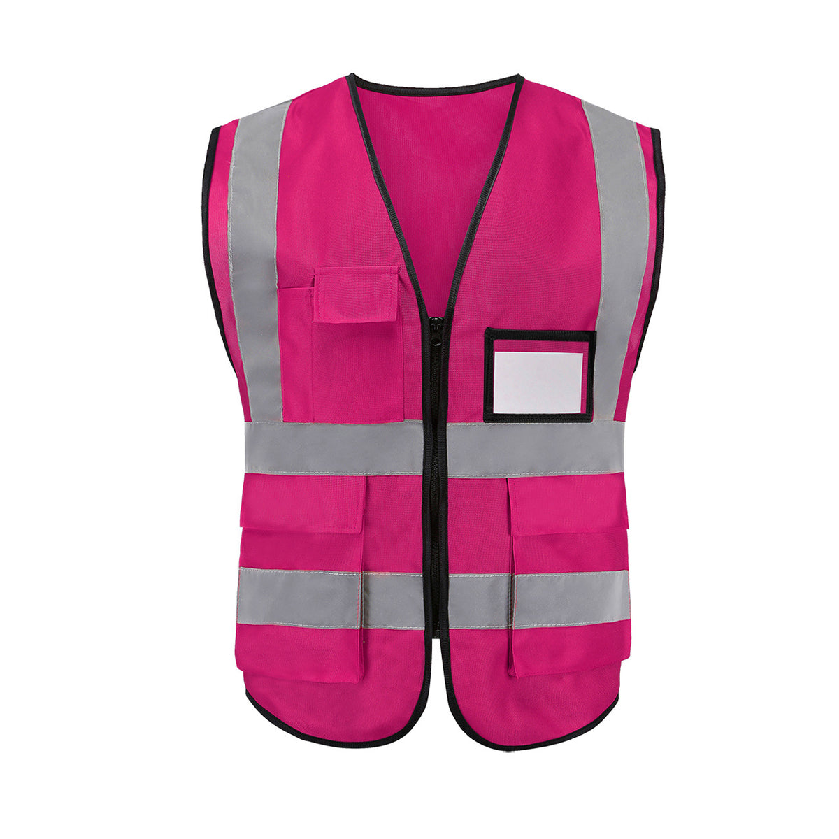 Front view of the reflective vest showing multiple pockets and clear ID pocket