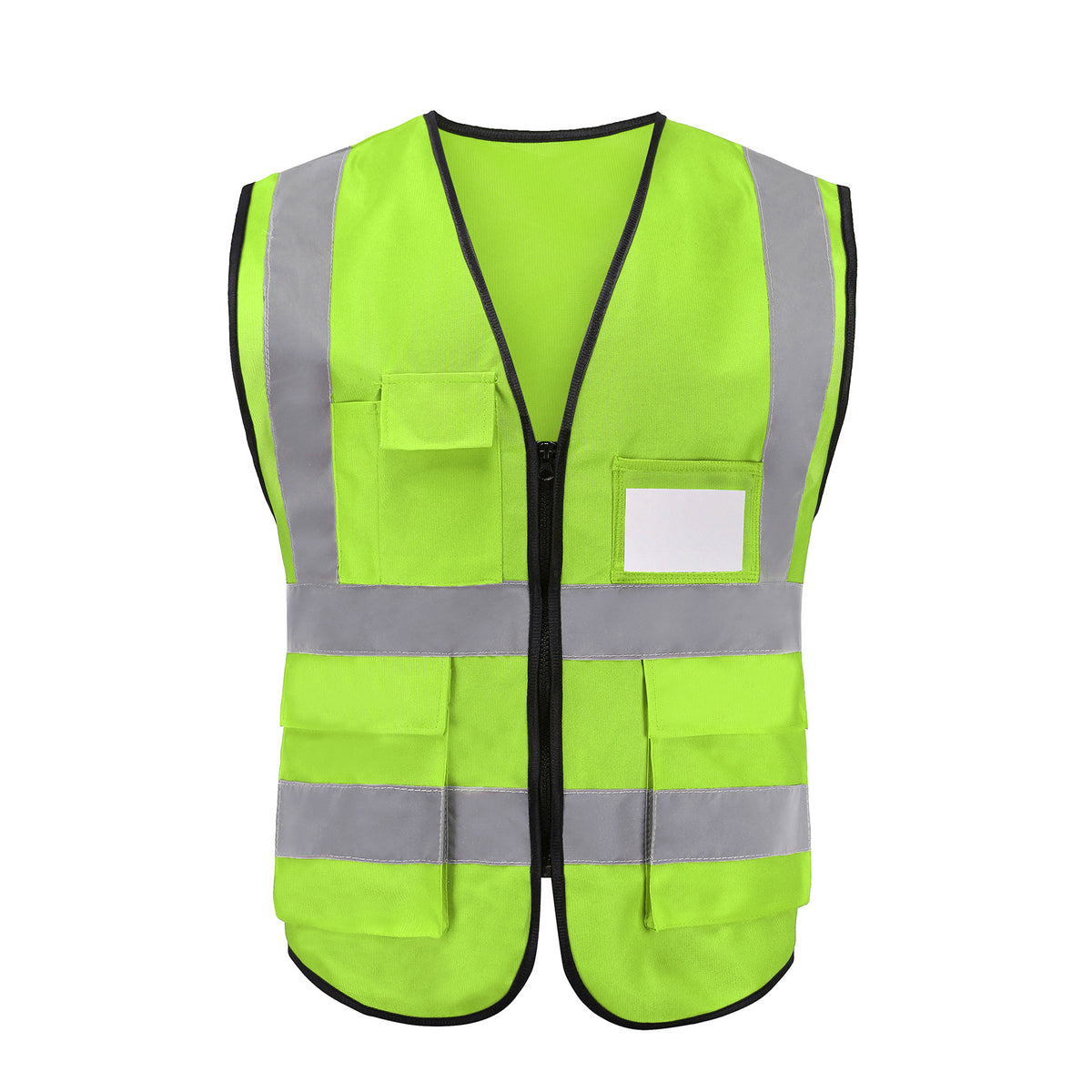 Side angle of the high-visibility vest highlighting black trim and zipper detail