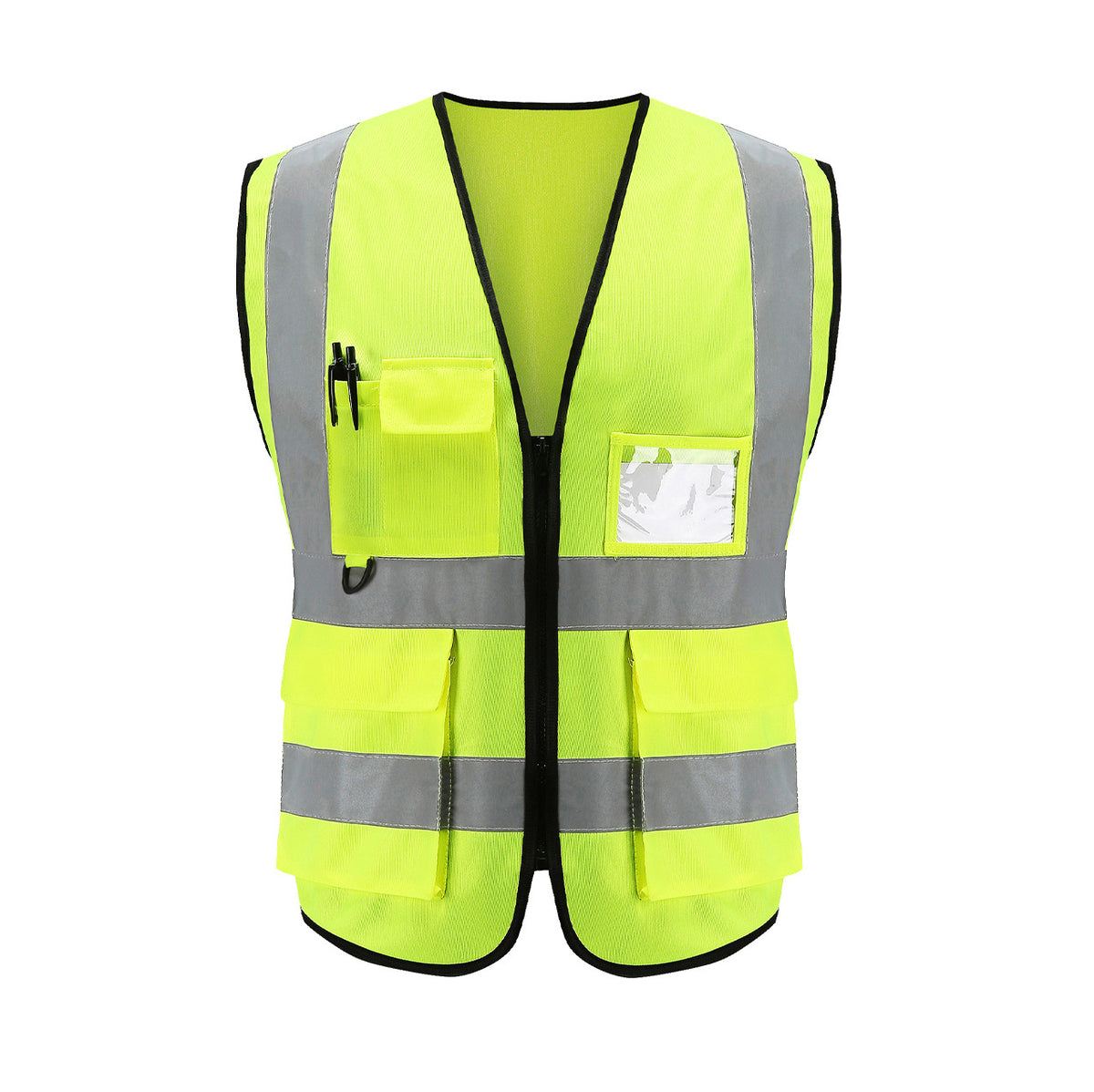 Detail shot of the multi-pocket layout and clear ID pocket on the safety vest