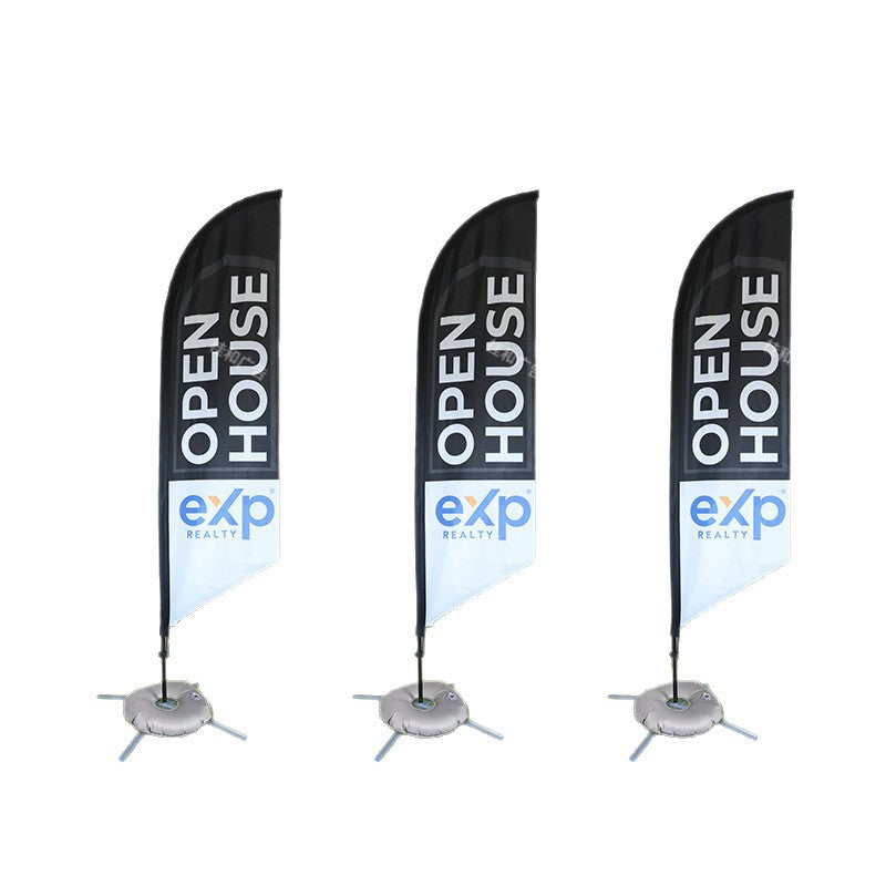 Curved blade flag face in custom branding displayed on a sidewalk in front of a bar