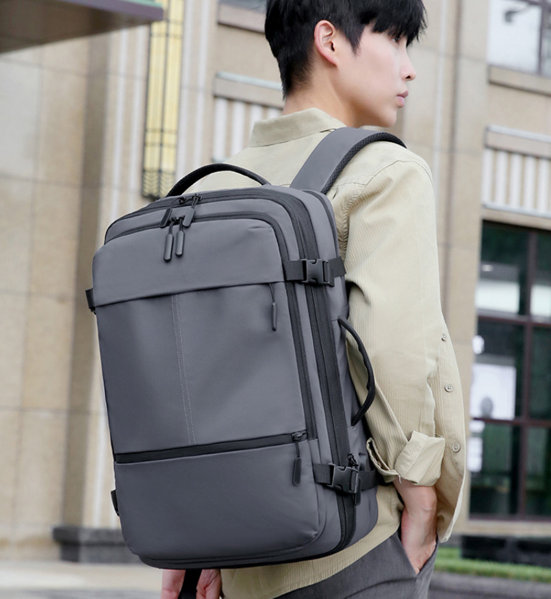 Black nylon multifunctional business backpack with square body and side foam handle