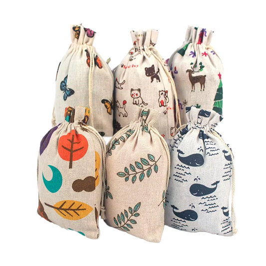 Natural cotton linen drawstring pouch with printed pattern and cinched cord closure