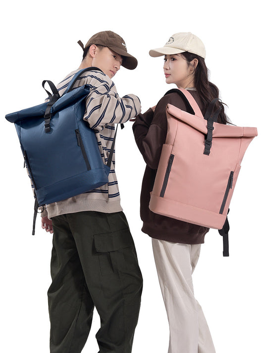 Black roll-top backpack with buckle closure and water-repellent nylon body, front view